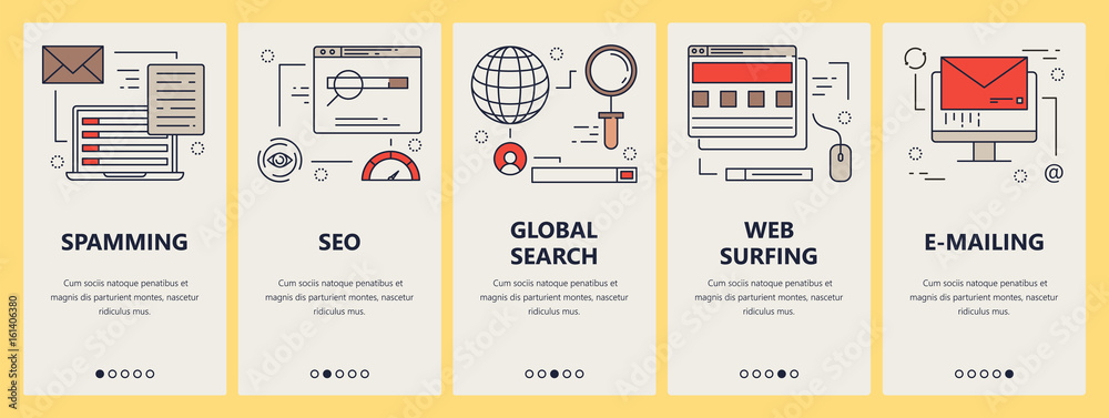 Sticker vector set of vertical banners with e-mail spam, seo, search and web surfing concept elements in lin