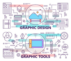 Vector set of banners with graphic design and graphic tools concept templates. Modern thin line flat design elements, symbols, icons for website menu