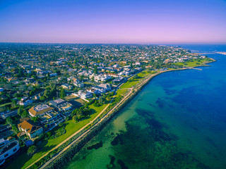 Aerial view of luxurious suburb in Melbourne near Port Phillip Bay coastline