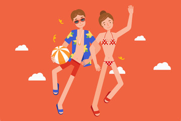 Romantic couple wearing swimsuit and sunglasses lying.