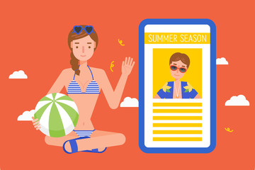 young woman wearing swimsuit with smartphone.