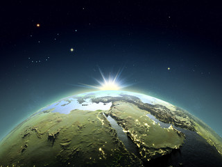 Middle East from space in sunrise