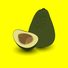 Realistic vector avocados illustration. Whole and cut avocado isolated on white background.