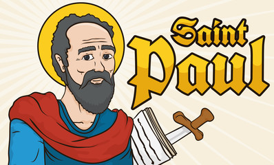 Saint Paul Portrait with Writings in Paper and Sword, Vector Illustration