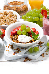 delicious and healthy breakfast with fruits, granola and milkshake, vertical