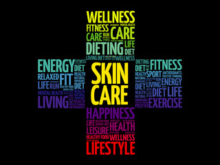 Skin care word cloud collage, health cross concept