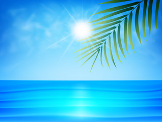 Tropical beach with palm leaf, smoot ocean water, clouds and sun. Summer exotic background