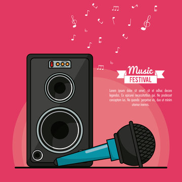 Poster Music Festival In Magenta Background With Speaker Box And Microphone Vector Illustration