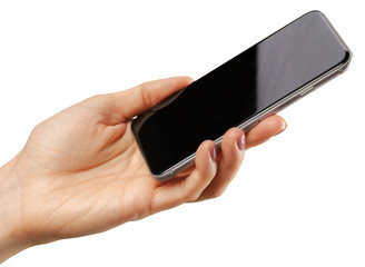 hand hold smartphone mobile isolated on white