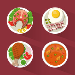 colorful background with dish foods with chicken and fish and soup and egg vector illustration