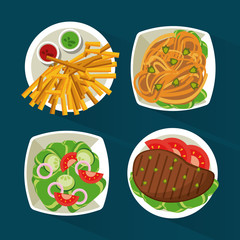 colorful background with dish foods with meat and pasta and salad and fries vector illustration