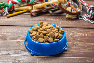 Pet accessories, food, toy. Top view