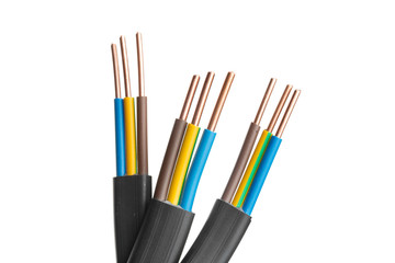 Electric screened cable with many wires isolated on white