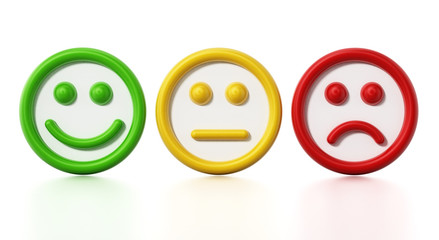 Green, yellow and red faces showing satisfaction levels. 3D illustration