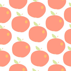 Cute apples seamless vector background. Red apples with an orange side and a green leaf