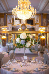 Table number seven decorated with white hydrangeas stands in the rich hall