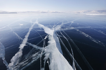 Cracks in ice. Lake Baikal. Winter landscape