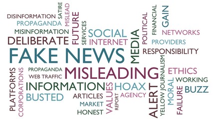 Fake news word tag cloud. 3D rendering, white variant.