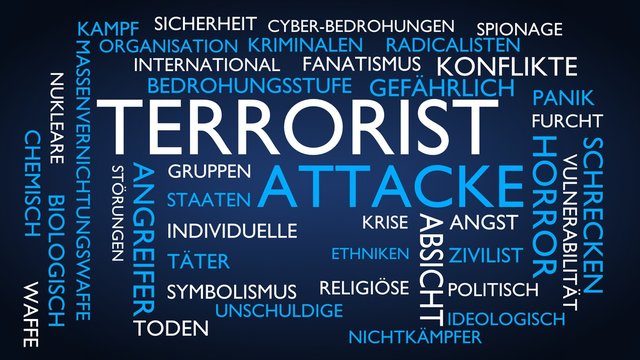 Terrorist attack word tag cloud. 3D rendering, blue German variant.