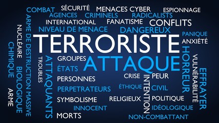 Terrorist attack word tag cloud. 3D rendering, blue French variant.