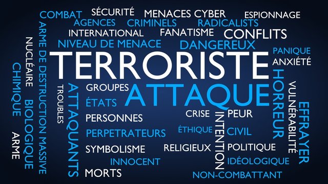 Terrorist attack word tag cloud. 3D rendering, blue French variant.