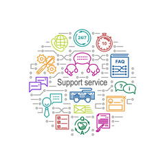 Circle collage made of helpdesk line icons and electrical circuit elements. Support service inscription. Colorful picture. Vector illustration.