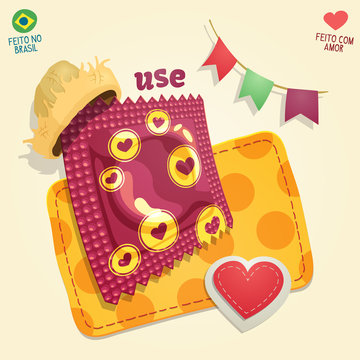 Condom package wearing a straw hat in a brazilian June Party thematic composition. For campaigns of venereal disease prevention during brazilian June Parties.