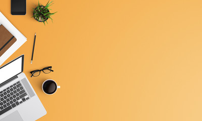 Modern workplace with notebook, pen, eyeglass and coffee cup copy space on color background. Top...