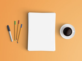 Minimal office desk workplace with blank paper, pen and coffee cup copy space on color background. Top view. Flat lay style.