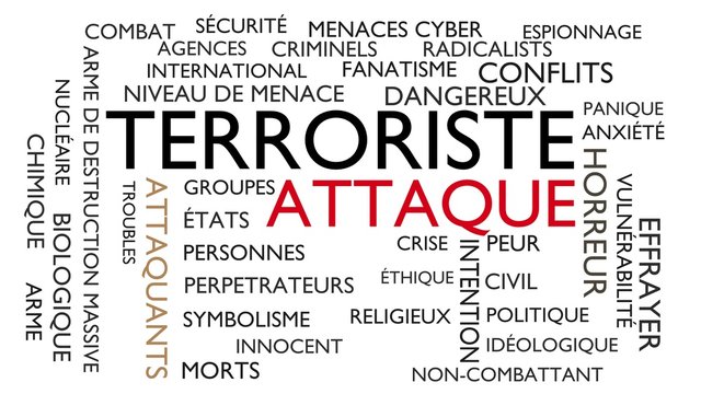 Terrorist attack word tag cloud. 3D rendering, white French variant.