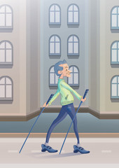 An elderly man practicing nordic walking with sticks on city street. Active lifestyle and sport activities in old age. Vector illustration.