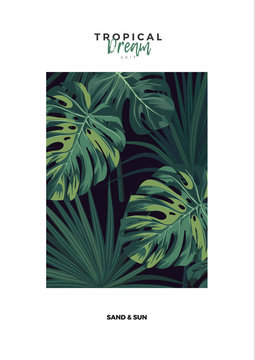 Dark vector tropical typography postcard design with green jungle palm leaves. Space for text.