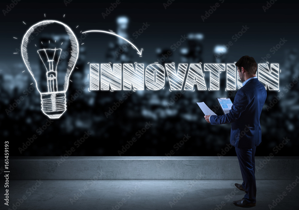Poster businessman watching innovation sketch on a rooftop 3d rendering