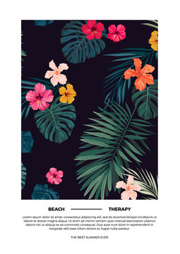 Tropical summer vector postcard design with bright hibiscus flowers and exotic palm leaves on dark background.