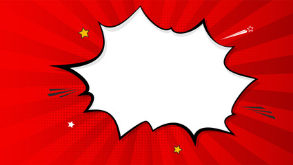 Obraz premium Pop art splash background, explosion in comics book style, blank layout template with halftone dots, clouds beams and isolated dots pattern on red backdrop. Vector template for ad, covers, posters.