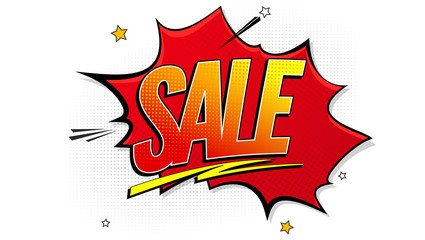 Sale pop art splash background, explosion in comics book style. Advertising signboard, price reduction, sale with halftone dots, clouds beams on white backdrop. Vector for ad, covers, posters.