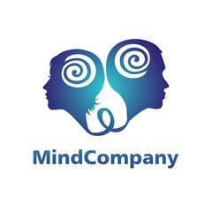 Modern head logo of Psychology. Profile Human. Man and woman. Logotype in vector. Design concept. Brand company. Blue color isolated on white background. Symbol for web, print, card, flyer.