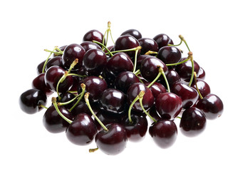 bunch of fresh black sweet cherries on a white background