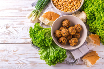 Falafel and chickpea. Jewish Cuisine. Top view