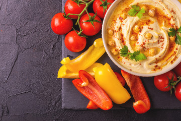 Hummus and chickpea. Jewish Cuisine. Top view