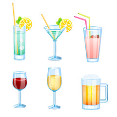Drinks set with different beers and cocktails.