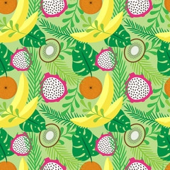Fototapety  Wektor wzór z tropikalnych owoców i roślin. Banany, pomarańcze, kiwi i smocze owoce.