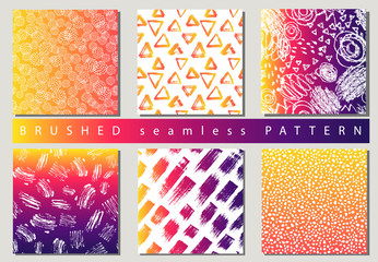 Set of Vector colorful seamless pattern with brush strokes and dots. Pink yellow gradient color on background. Hand painted grange texture. Ink geometric elements. Fashion modern style.