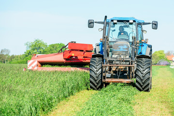 Tractor with hay mower cutting grass for hay on a field.