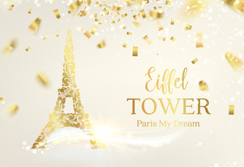 Eiffel tower silhouette with Golden confetti falls over gray background and sign Paris Eiffel Tower France. Vector illustration.