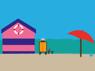 Simple beach scene showing beach hut deck chair and parasol on sandy beach 