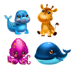 Giraffe, seal, cuttlefish and whale, isolated on white