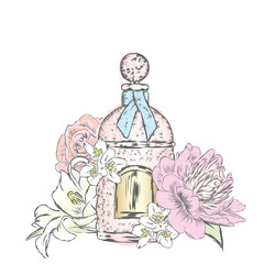 Perfume bottle and flowers. Vector. Print on a postcard, poster or clothing.