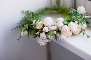 Wedding floristry. Wreath accessory for the bride. Handmade