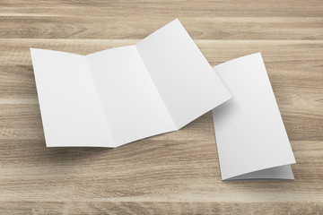 Blank 3D rendering tri-fold brochure mock-up with clipping path on wood No. 1